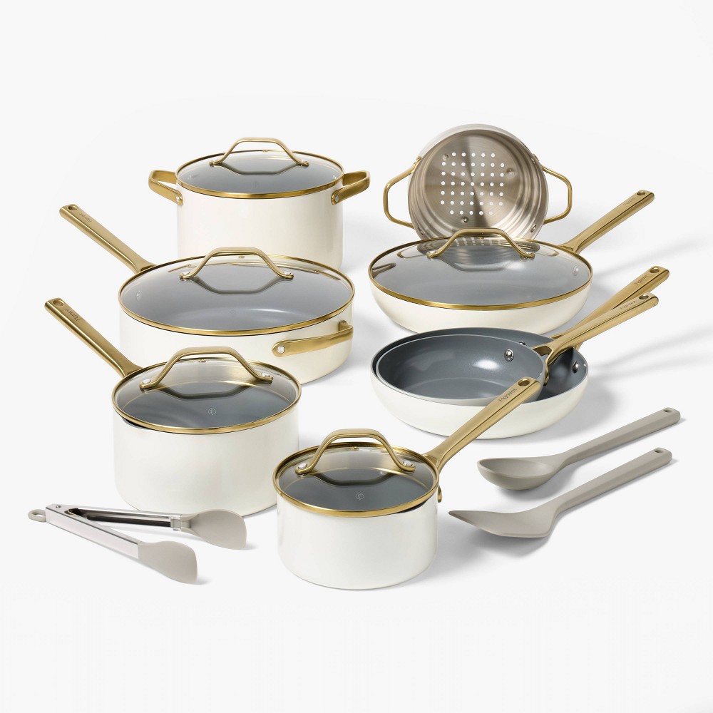 Photos - Bakeware 16pc Nonstick Ceramic Coated Aluminum Cookware Set with Champagne Handle Cream - Figmint™