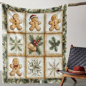 Soft Warm Comfortable Vintage Christmas Plaid Winter Holly Snowflake Gingerbread Man Print Throw Blanket. - 1 of 4