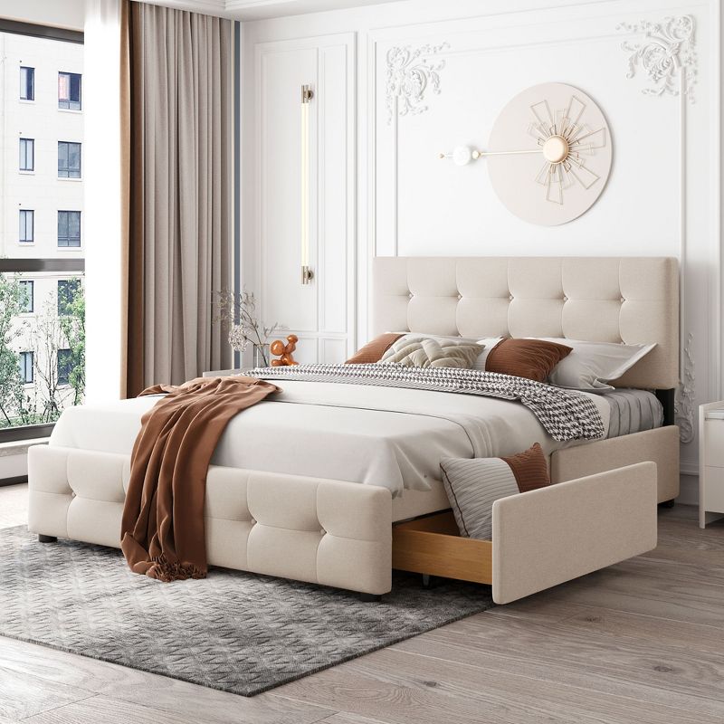 Upholstered Queen Size Platform Bed with Classic Headboard and 4 Drawers-ModernLuxe, 1 of 12