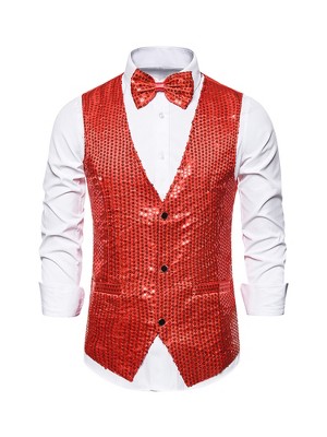 Lars Amadeus Men's Sequin Shiny Sleeveless Party Prom Dress Suit Vest with  Bow Tie Red Small