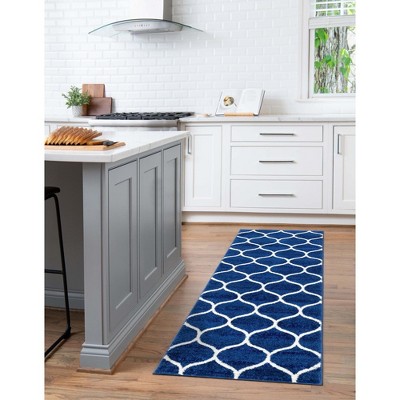 Navy Blue and Ivory Synthetic Trellis Runner Rug