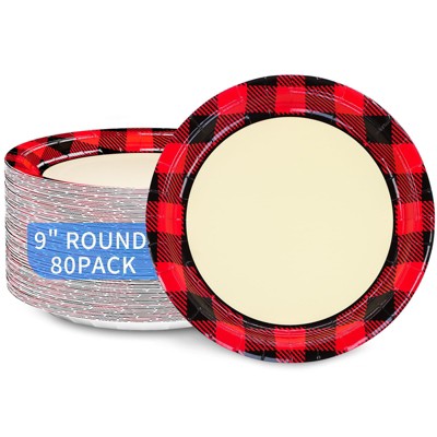 DYLIVeS Red and Black Buffalo Plaid Paper Plates, 80 Count Lumberjack Decorative Party Plates Gingham Disposable Dinner Plates Plaid Party Supplies