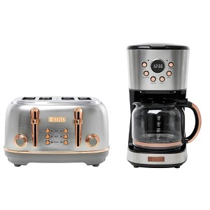 Haden Heritage 4 Slice Wide Slot Stainless Steel Toaster Bundled with 12 Cup Programmable Drip Coffee Maker Coffee Machine, Steel & Copper - 1 of 4