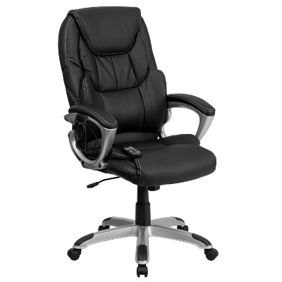 High Back Ergonomic Massaging LeatherSoft Executive Swivel Office Chair  with Silver Base and Arms Black Leather - Flash Furniture