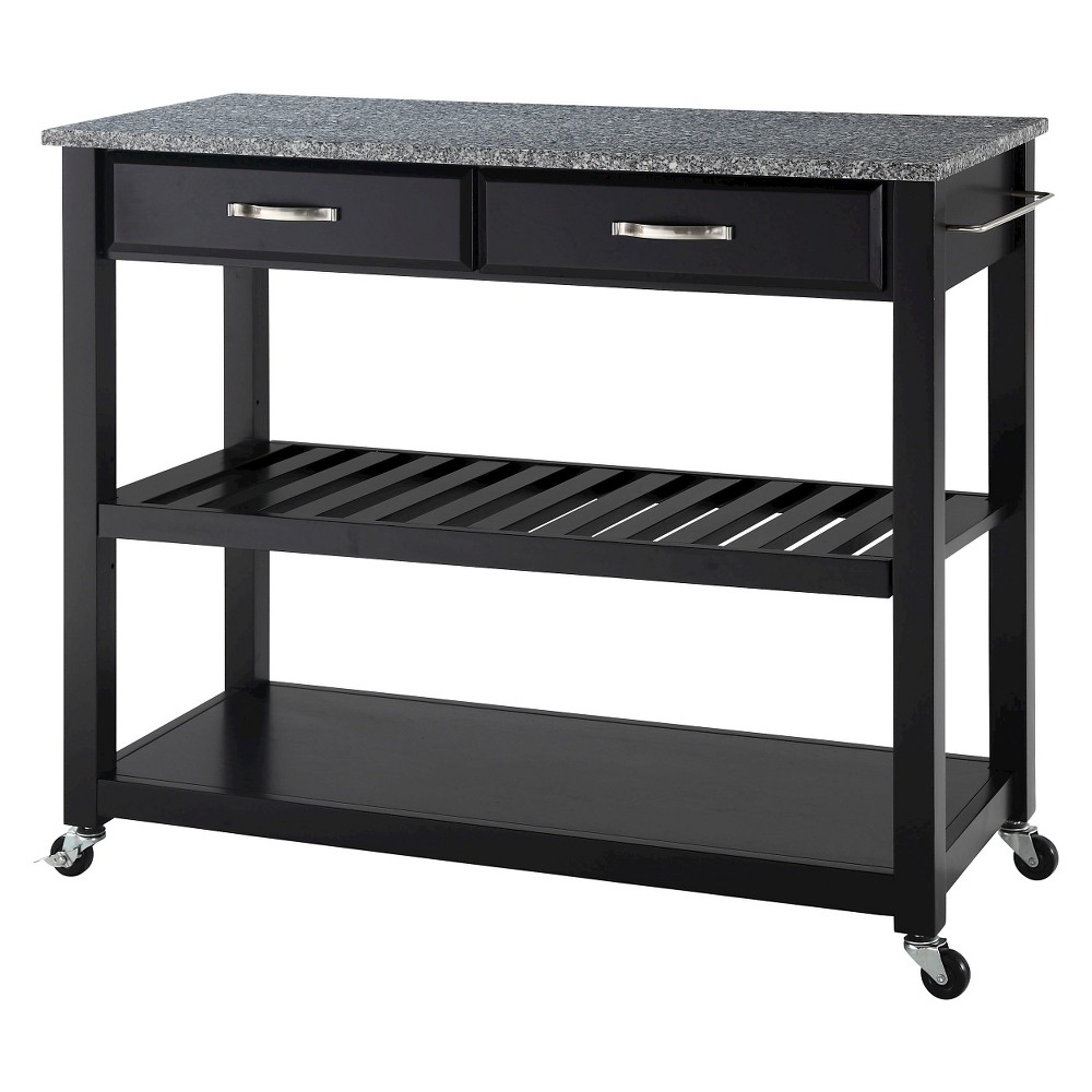 Solid Granite Top Kitchen Cart/Island with Optional Stool Storage - Black - Crosley: Wheeled with Storage Shelves
