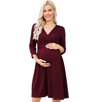 Clearlove Women's Casual 3/4 Sleeve A Line Ruffle Maternity Dress V Neck Ruched High Waist Belt Dress Midi Dress for Pregnant