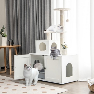 White 2-in-1 Wooden Cat Tree with Litter Box Enclosure