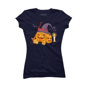 Junior's Design By Humans Halloween Witch Pumpkins With Bats By VectorVillain T-Shirt - 1 of 3