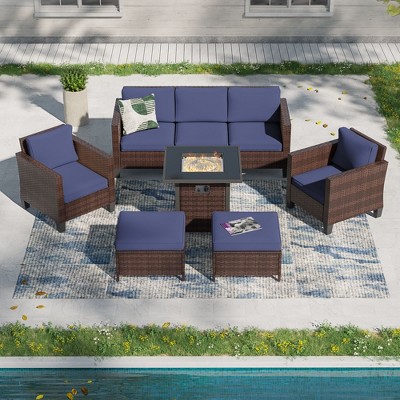 Sonkuki 6 Pieces Patio Sofa with Square Fire Pit Table and Ottomans, Wicker Conversation Couch,  Navy Blue Cushion