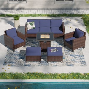 Sonkuki 6 Pieces Patio Sofa with Square Fire Pit Table and Ottomans, Wicker Conversation Couch,  Navy Blue Cushion - 1 of 4
