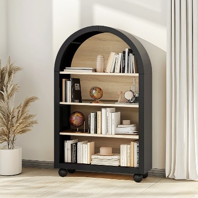 Vatros Small Black Bookcase Arched Bookshelf with Round Foot