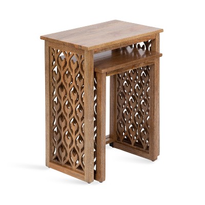 Natural Mango Wood Hand-Carved Nesting Tables, Set of 2