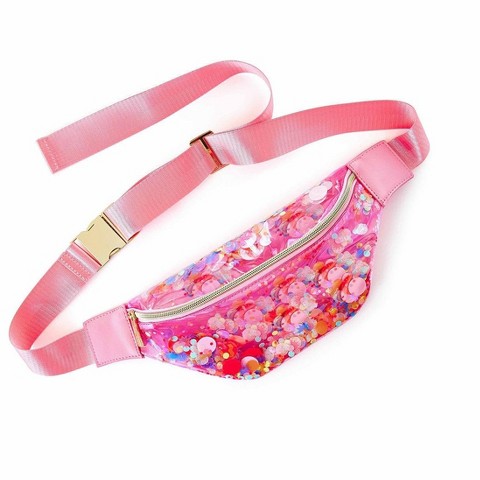 Packed Party Clear Pink Confetti Belt Bag, Fashionable Designer Fanny Pack For Women, Nylon Bum Bag With Adjustable Strap and Small Pouch, Great For
