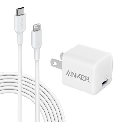 Anker PowerPort PD Nano 20W USB-C Wall Charger with 6 ft PowerLine II USB-C to Lightning Cable - White