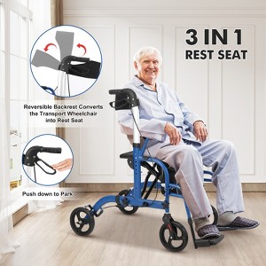 Elderly Walking Aid with Seats, 3-in-1 Walking Wheelchair Combination, with 8" Anti-slip Wheels, Reversible Backrest, and Detachable Footrest - 1 of 4