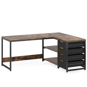Resenkos Computer Desk, Office Desk, Study Desk,59" L-Shaped Desk, Reversible Corner Desk with Drawers & Shelves,Brown - 1 of 4