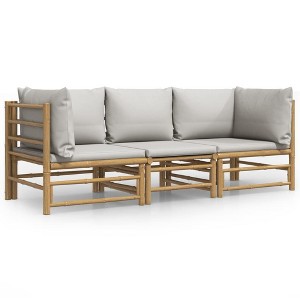 vidaXL Bamboo 3 Piece Patio Lounge Set with Light Gray Cushions - Farmhouse Style Outdoor Garden Seating Furniture - 1 of 4