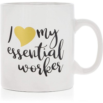 Okuna Outpost White Ceramic Coffee Mug Tea Cup, I Love My Essential Worker (15 oz)