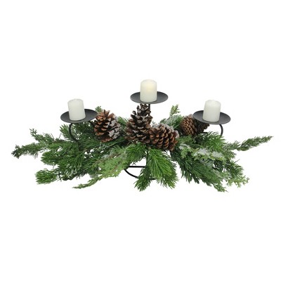 Melrose 28" Pine Needles and Iced Pine Cones Christmas Candle Holder - Green