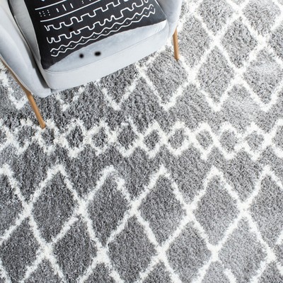 Gray and Cream Square Shag Rug with Geometric Pattern