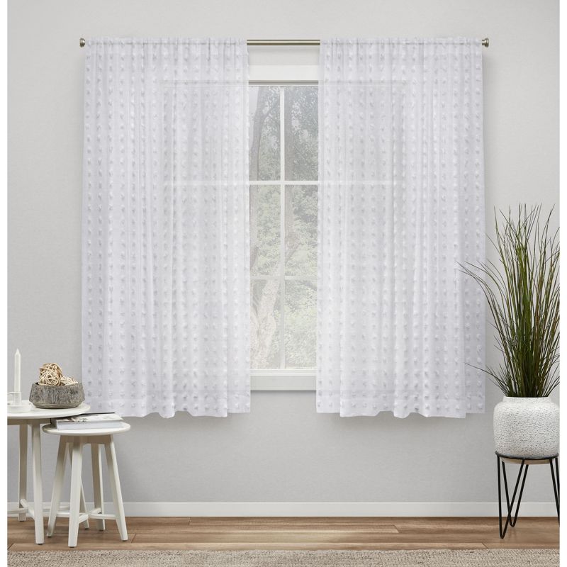 Exclusive Home Spirit Woven Pouf Applique Sheer Rod Pocket Curtain Panel Pair, 54"x63", White, 1 of 5