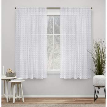 Exclusive Home Spirit Woven Pouf Applique Sheer Rod Pocket Curtain Panel Pair, 54"x63", White