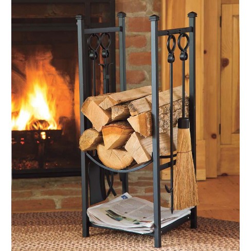 Plow Hearth All In One Firewood Wood Rack with Fireplace Tool Set Black