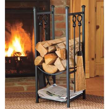 Plow & Hearth - All-In-One Firewood Wood Rack with Fireplace Tool Set, Black