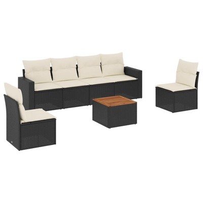 vidaXL Patio Sofa Set with Cushions Outdoor Furniture 7 Piece Poly Rattan - Black and Cream