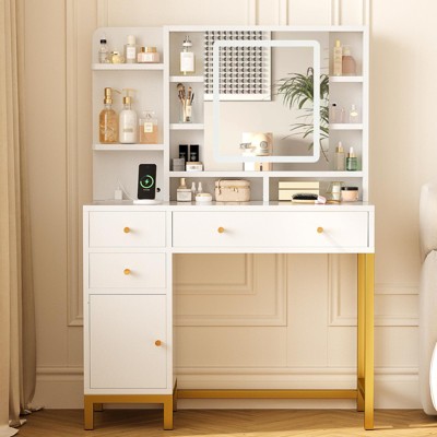 Vanity Desk Makeup Table with Mirror, LED Lights & Charging Station