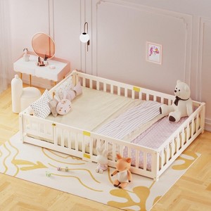 DoCred Toddler Floor Bed for Kids, Wood Floor Bed w/Slats & Fence for Girls and Boys, Montessori Bed Frame - 1 of 4