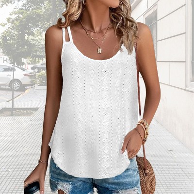 Women's Tank Tops Eyelet Embroidery Textured Cami Tops Spaghetti Strap Tops Scoop Neck Sleeveless Tops Beach Outfits