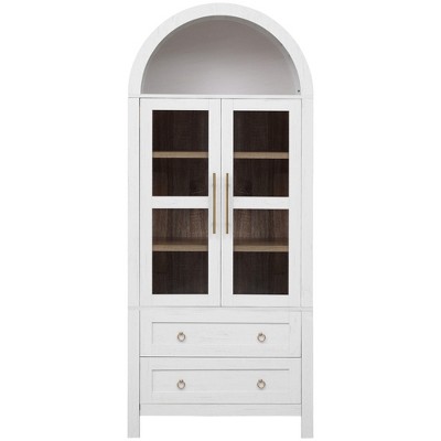 COMHOMA 71" Tall Arched Pantry Cabinet with 2 Large Drawers, Modern Farmhouse Kitchen Storage Cabinets with Adjustable Shelves, Glass Door, White