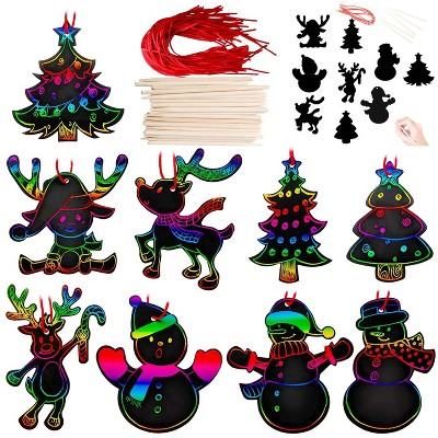 Joyfy 72 Pcs Christmas Ornaments Set, Snowman, Christmas Tree & Reindeer DIY Scratch Paper Art Craft Kit for Kids, Rainbow Hanging Decor