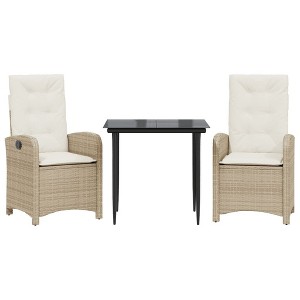 vidaXL 3 Piece Patio Dining Set - Beige Poly Rattan Garden Table and Adjustable Chairs with Cushions, Glass Top - 1 of 4