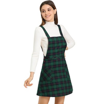 Allegra K Women's Plaid Tartan Button Decor A-Line Pinafore Overall Dress