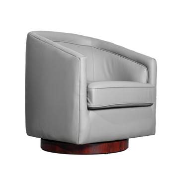 Emma and Oliver Club Style Barrel Accent Chair with 360 Degree Swivel Brushed Gold Vinyl Wrapped Base and Sloped Armrests