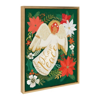 Gold Framed Christmas Angel Canvas Print with Floral Accents