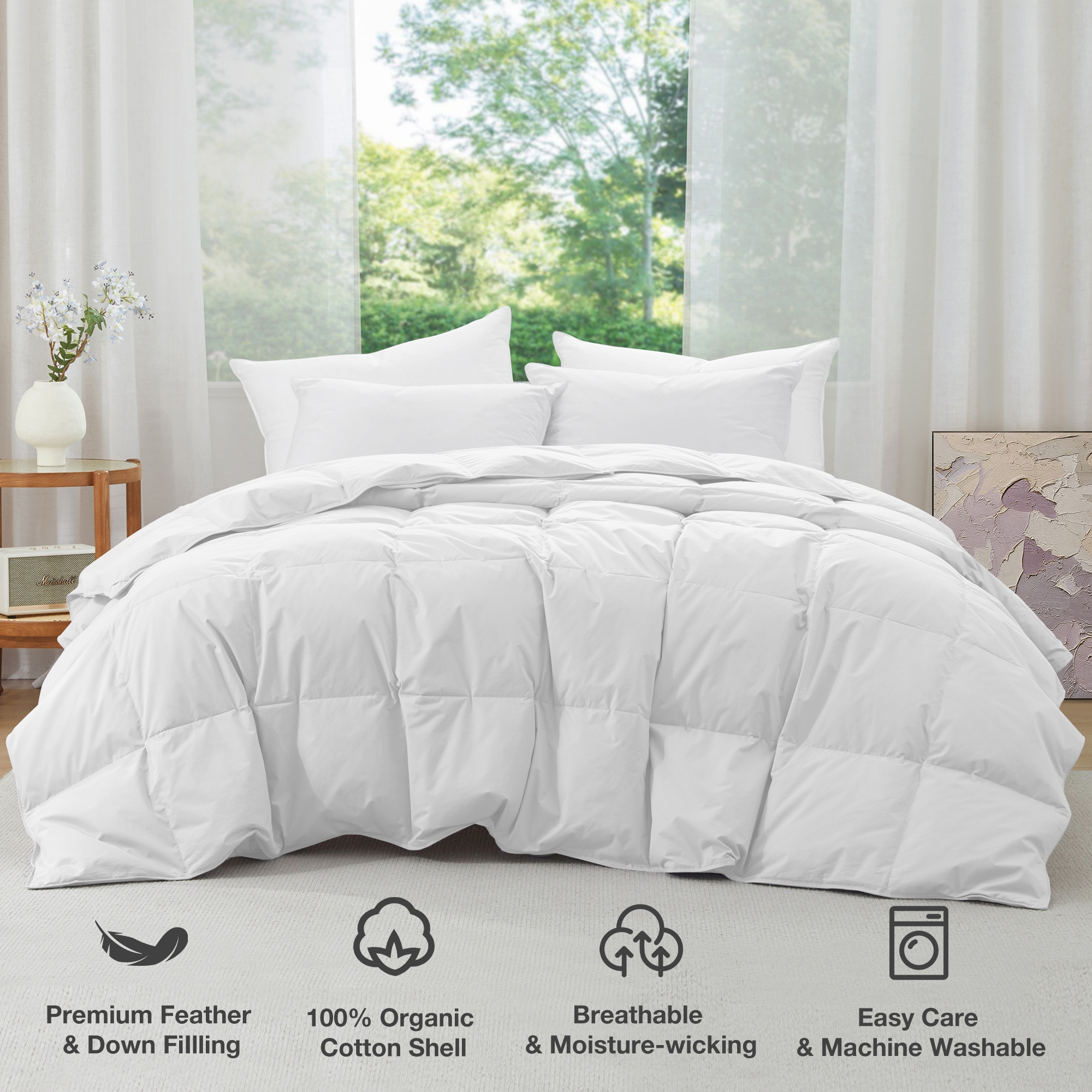 Puredown Lightweight Organic Cotton Down Fiber Comforter, Duvet Insert Perfect for Year-Round Use, White, Full/Queen