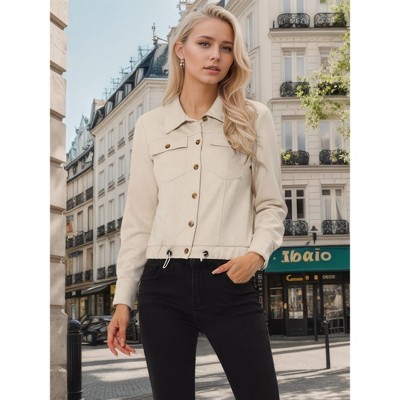INSPIRE CHIC Women's Faux Suede Casual Spread Collar Button Up Biker Moto Jacket Small Beige — фото 2