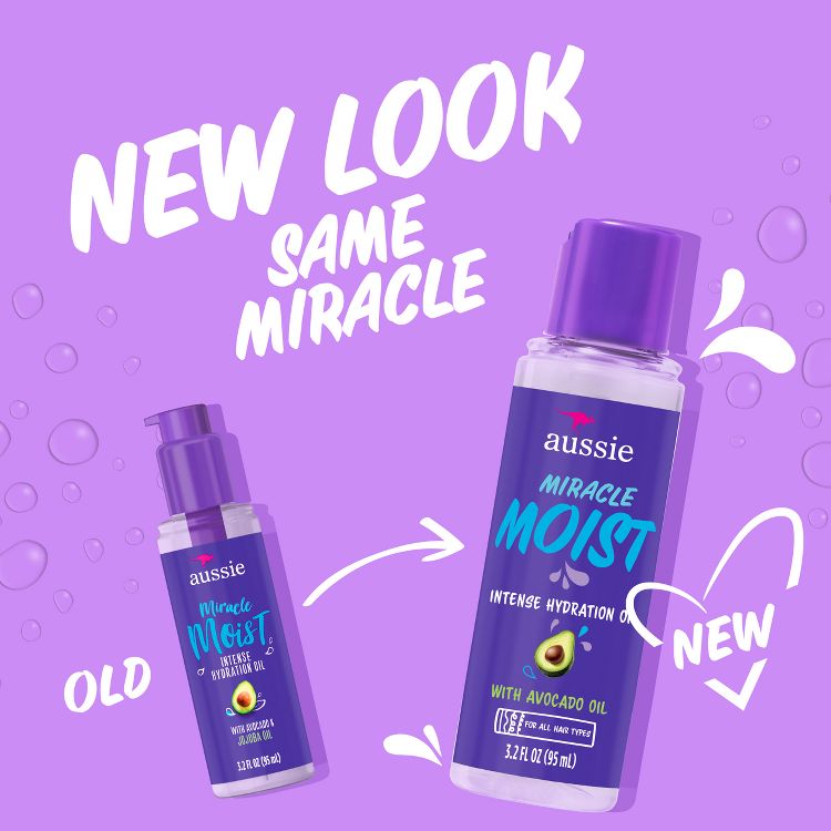Aussie Miracle Moist Intense Hydration Oil bottle with purple colored cap and label, labeled "with avocado oil" and 3.2 FL OZ (95 ml) on the packaging.