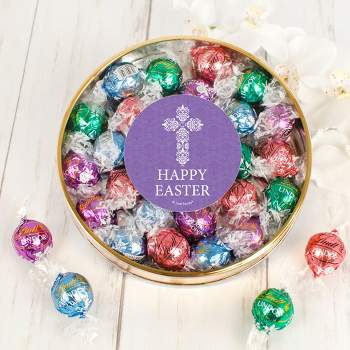 Easter Candy Gift Tin with Chocolate Lindor Truffles by Lindt Large Plastic Tin with Sticker - Purple Cross - By Just Candy
