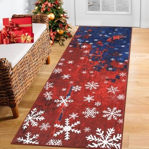 Washable Modern Snowflake Xmas Rug Non Slip Rug Soft Stain Resistant Rug Foldable Low Pile Carpet for Bedroom Living Room,Red Blue/2'x8' - 1 of 4