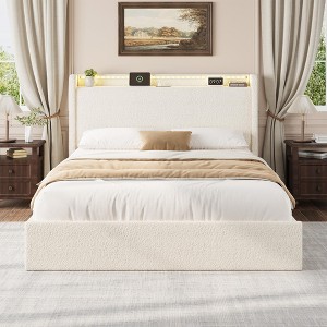 Boucle Bed Frame with Storage Headboard, No Box Spring, LED Lights & Charging Station, 4 Drawers, Upholstered Platform - 1 of 4