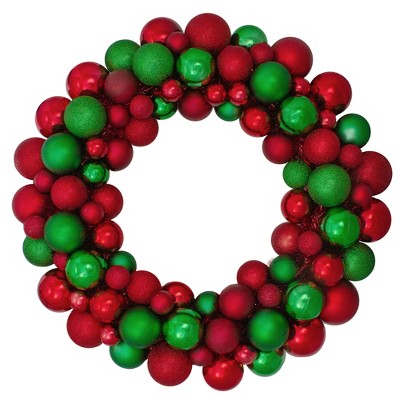 Northlight Red and Green 3-Finish Shatterproof Ball Christmas Wreath - 24-Inch, Unlit