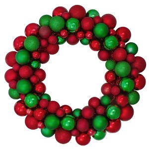 Northlight 3-Finish Shatterproof Ball Christmas Wreath - 24" - Red and Green - Unlit - 1 of 4
