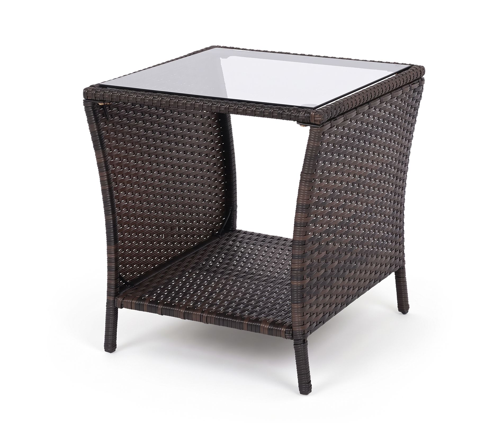 Costway 1 PCS Outdoor Wicker Side Table with Tempered Glass Top, Storage Shelf, Metal Frame