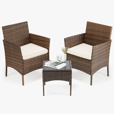 Three Piece Outdoor Patio Set - Glass Table with Wicker Chairs