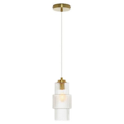 9.75" Noah Pillar Shade Pendant Light Clear - River of Goods: Brushed Gold-Finish, Retro Style, Adjustable Height