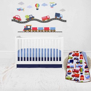 Bacati - Transportation Blue Navy Green Red Orange 3 pc Crib Bedding Set - 1 of 4